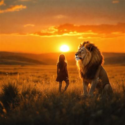 Primary subject: A woman standing in a field with a lion.

Setting/background: The woman is standing in a grassy field, with a sunset in the background.

Visual style: The image is a digital artwork.

Colors and mood: The image has a warm and serene atmosphere, with the sunset casting a golden glow over the scene.